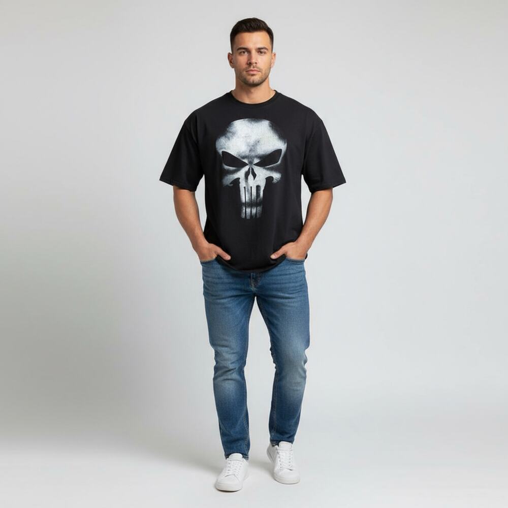 Marvel Punisher Black Graphic T-Shirt 2XL Casual Cotton Tee Skull Graphic